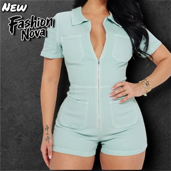 New NWT Fashion nova Ana Denim Overall Romper - Sage Green - small - Picture 1 of 10